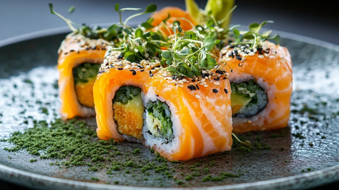 素食寿司卷盘装顶视图