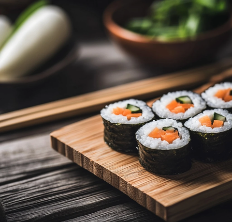 竹帘上胡萝卜鱼肉寿司卷