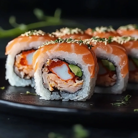 三文鱼蟹肉卷寿司摆盘