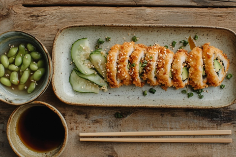 鸡排卷配味增汤和毛豆