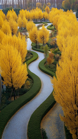 蜿蜒小径穿越金黄树木的秋景