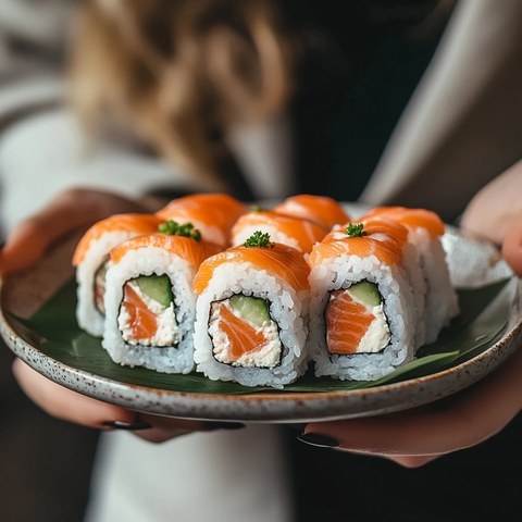 女孩手持盘子摆放寿司卷