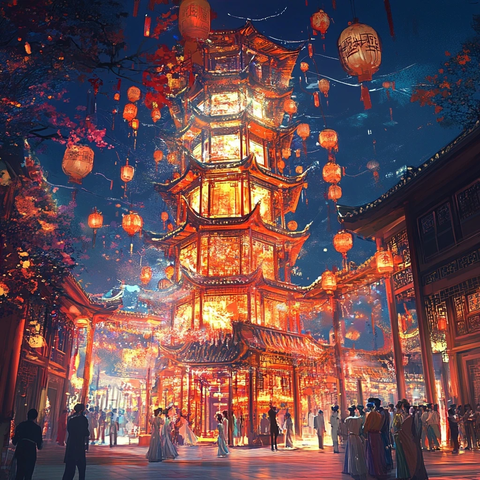 古色古香的中式塔楼夜景灯火辉煌