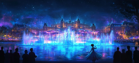 夜间喷泉秀前身着长裙的女子剪影