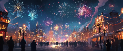 烟花下热闹的街道夜景