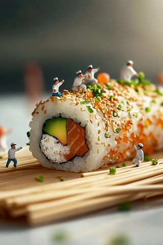 小人制作寿司卷场景