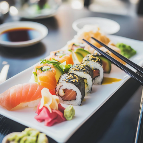 寿司拼盘配生姜芥末酱油