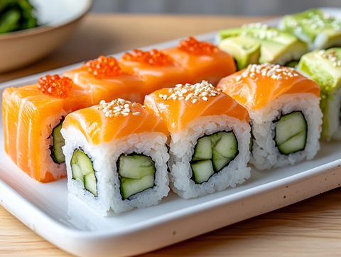 方形寿司盘配鲔鱼和蔬菜