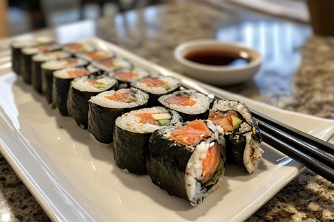 新鲜寿司卷切片白瓷盘