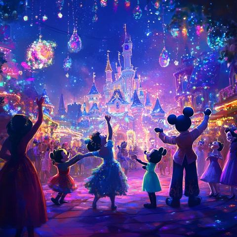 迪士尼城堡前人们欢乐起舞的场景
