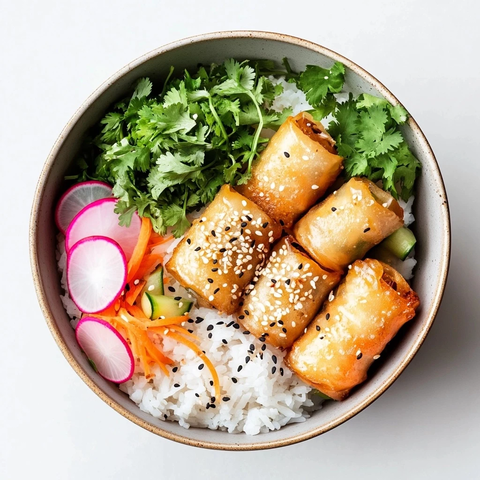 迷你春卷配米饭蔬菜