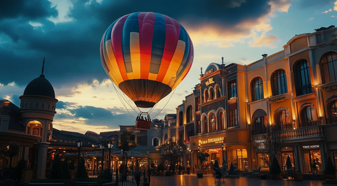 多彩热气球飞过欧式风格建筑上空