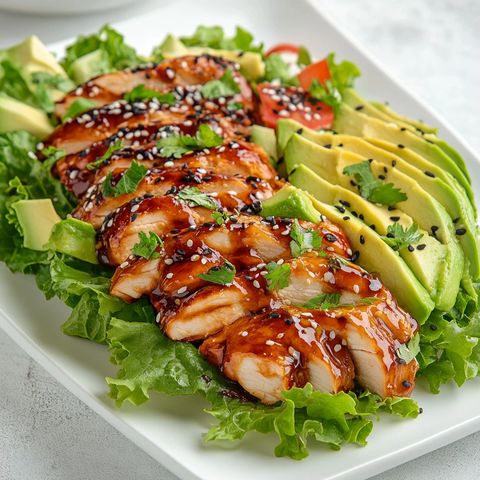 照烧鸡配生菜沙拉和牛油果