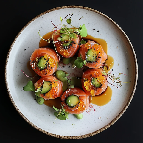 红色鱼卷配牛油果绿葱