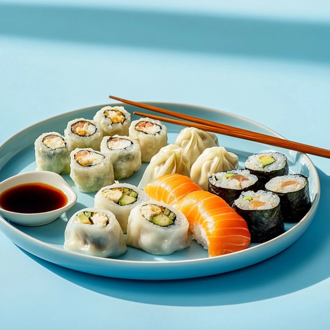 饺子与寿司侧面灯光拍摄