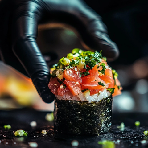 厨师手戴黑手套装饰寿司