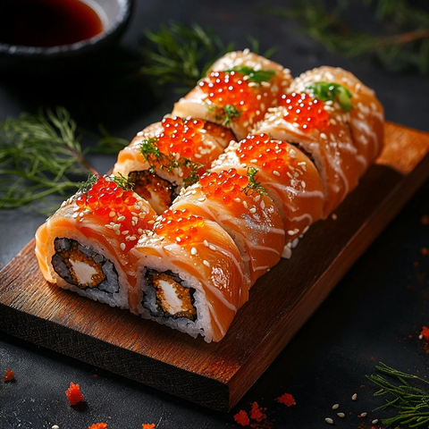 木板上的红鱼子寿司卷