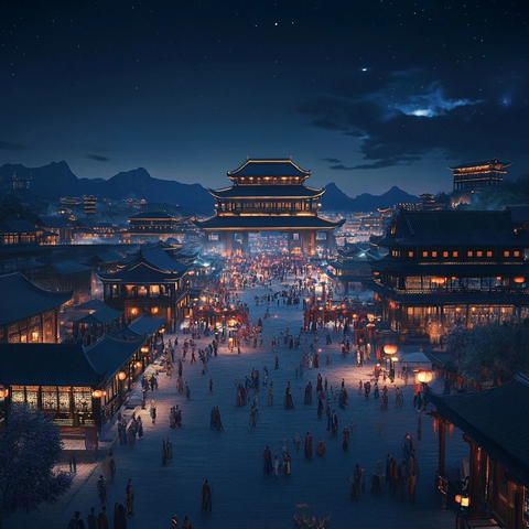 古城镇灯火辉煌人来人往的热闹夜景