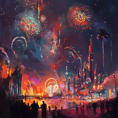 城市夜景中的绚烂烟花与热闹人群