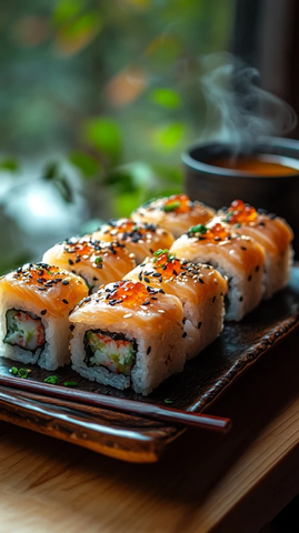 木桌上的寿司卷与热茶