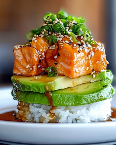 照烧三文鱼牛油果饭层叠