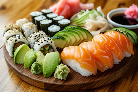 寿司拼盘与木质托盘