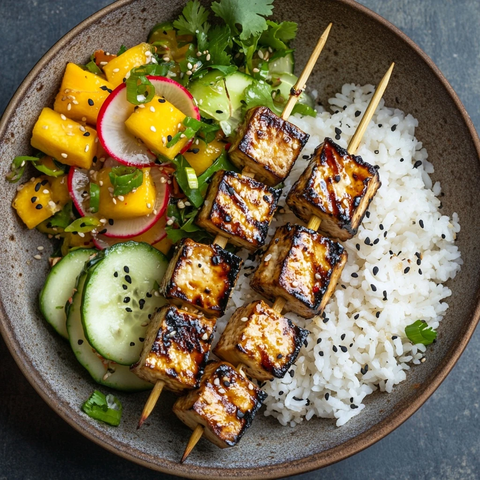 烤豆腐串配糯米饭芒果沙拉