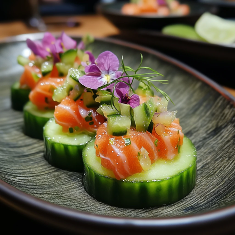 黄瓜片搭配生三文鱼塔塔