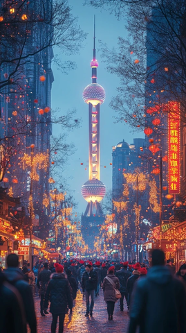 东方明珠塔下人群熙攘的繁华街道夜景