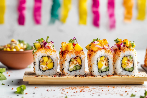 竹盘寿司卷配拉丁风味装饰