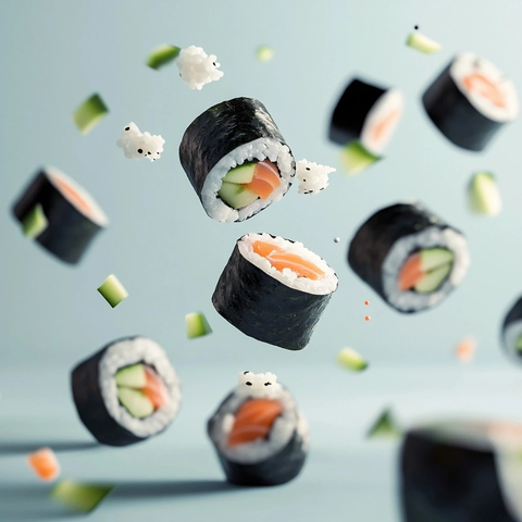 漂浮寿司卷黑海苔鲜嫩三文鱼