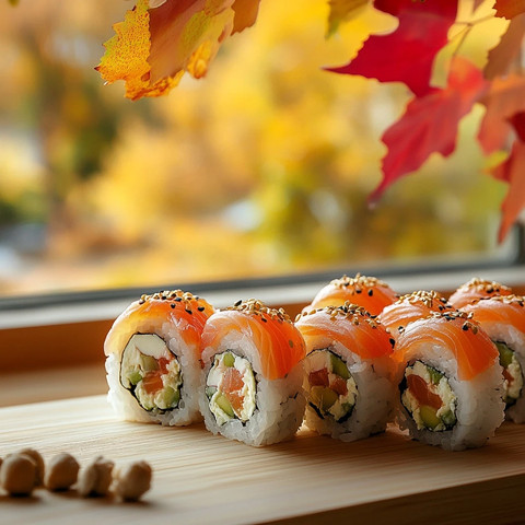 秋窗背景下的寿司卷