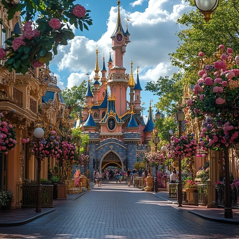 童话城堡街道游人漫步鲜花盛开处