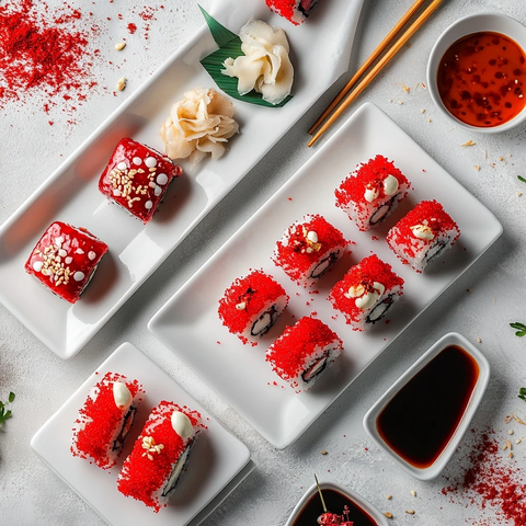 红色粉末寿司卷与棕色酱料