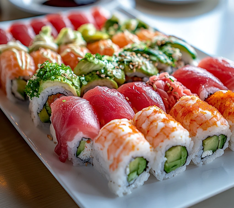 寿司卷拼盘与生鱼片