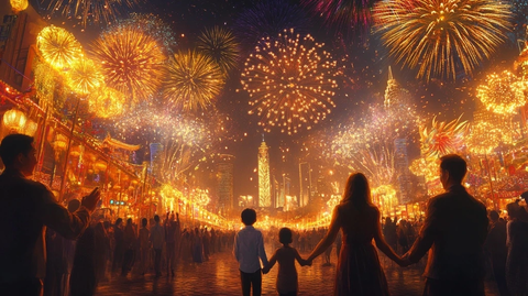 人群中一家人牵手看城市烟花夜景