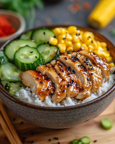 鸡米饭配黄瓜玉米蔬菜