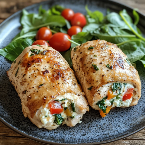 鸡胸肉卷配菠菜乳清干酪和彩椒