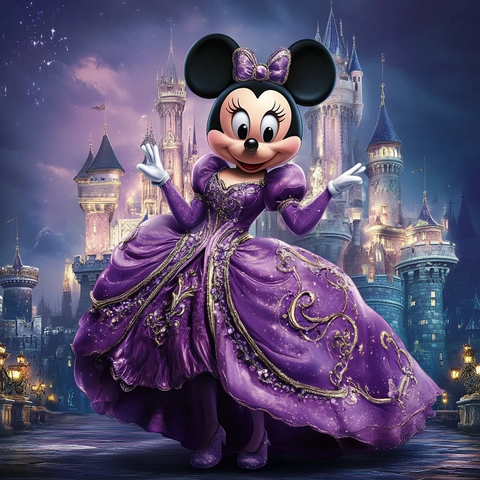城堡前身着华丽紫裙的米妮