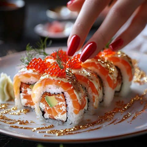 三文鱼寿司与红指甲