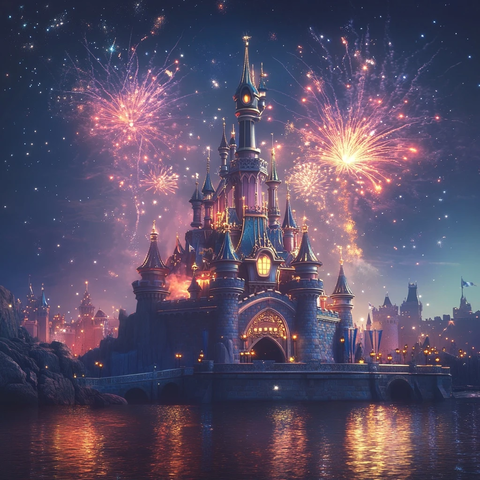 城堡夜景璀璨烟花下的梦幻之境