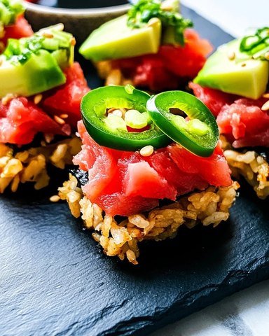 脆香寿司米配辣金枪鱼牛油果