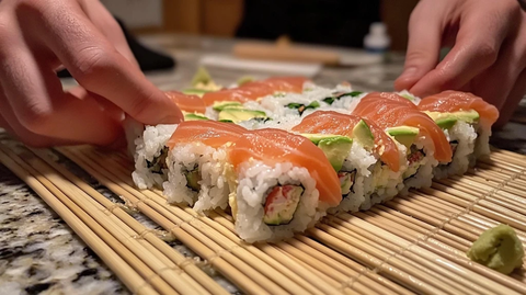 手握竹帘卷制寿司