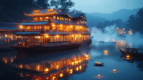 灯火辉煌的中式游船夜景
