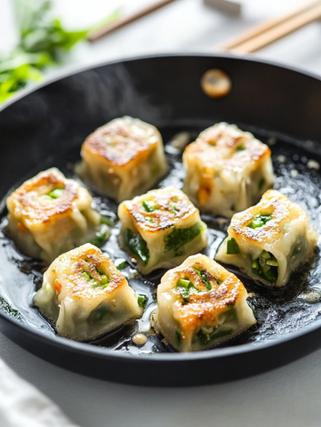 煎炸小方饺子配青菜