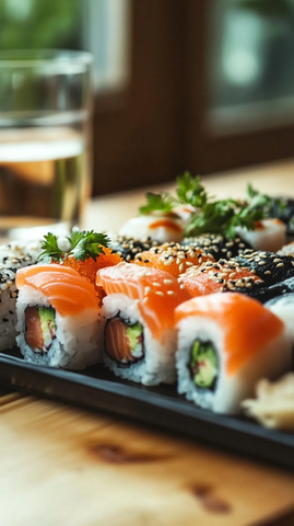 寿司拼盘配清酒与香草