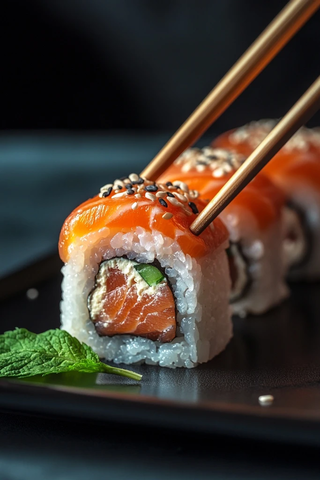 三文鱼寿司卷与薄荷叶