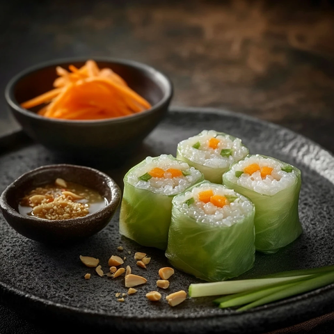 蔬菜虾肉猪肉米纸卷配酱汁