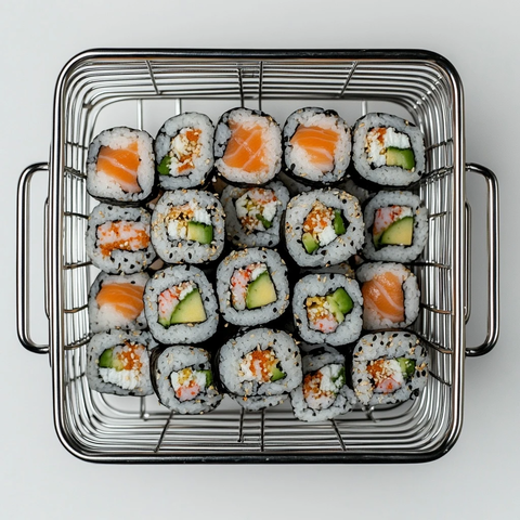 金属篮装寿司卷摆放