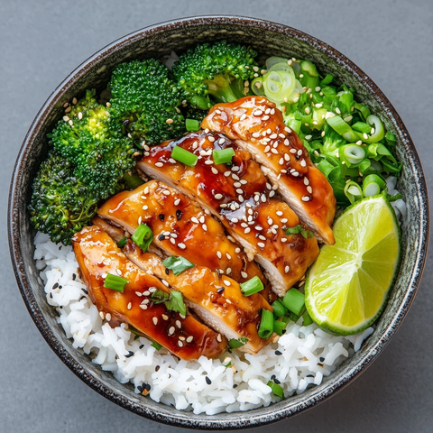 照烧鸡块拌饭配西兰花